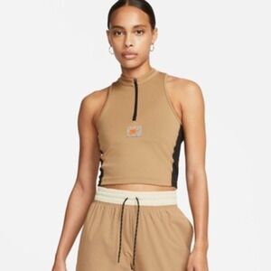 Nike Dri-FIT Quarter Zip Cropped Tank Top Women XL Tan Mock Neck Gym Yoga Active